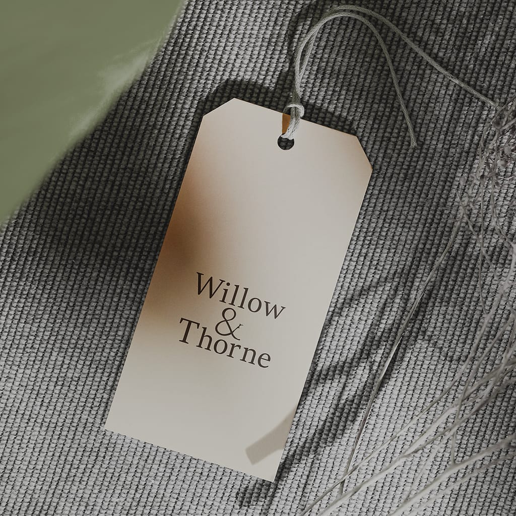 Willow & Thorne branded product tag demonstrating small-scale print application