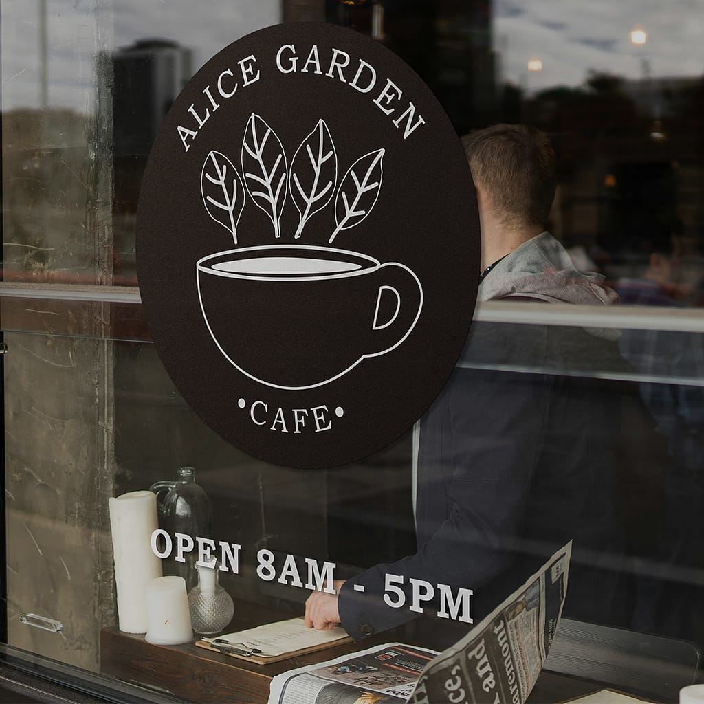 Alice Garden Café brand identity project showing café storefront mockup with logo, signage and colour palette applied